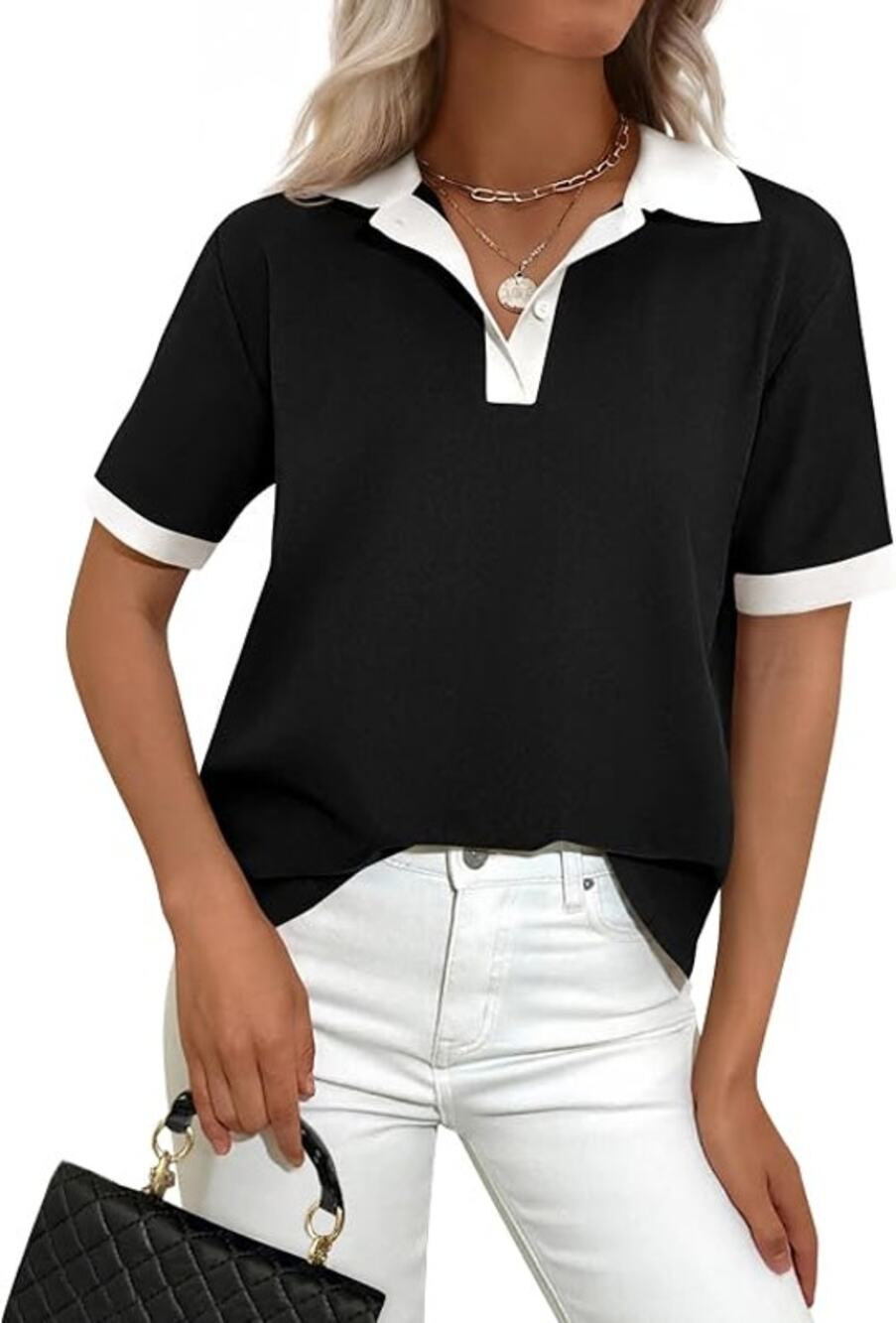 Summer Short Sleeve Polo Shirts Women Collared V Neck Work Tops Knit Loose